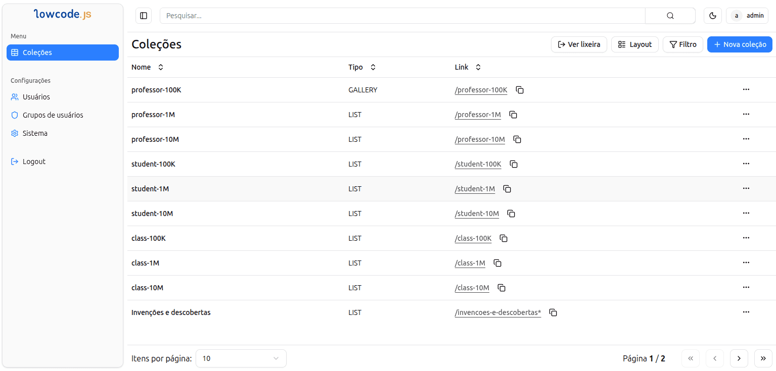 Painel LowCodeJS - Crie colecoes e gerencie dados facilmente